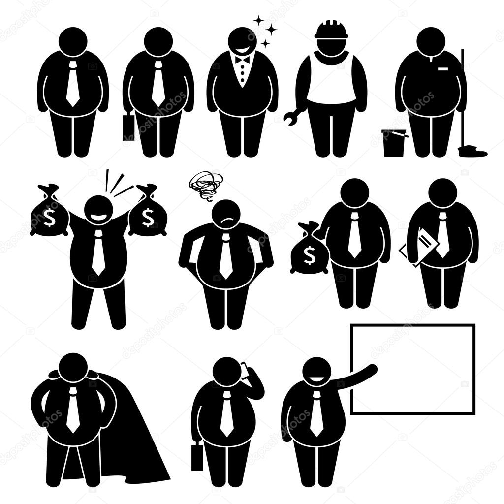 Fat Businessman Business Man Worker Stick Figure Pictogram Icons