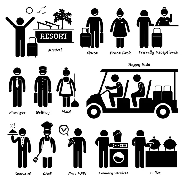 Resort Villa Hotel Tourist Worker and Services Stick Figure Pictogram Icons — Stock Vector