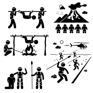 Lost Civilization Cannibal Man Eating Tribe Stick Figure Pictogram Icons clipart