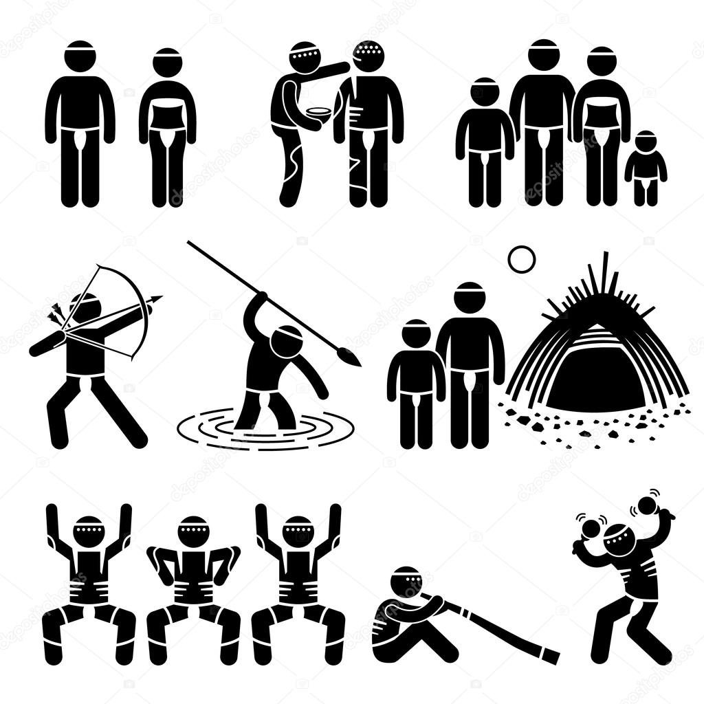 Tribe Native Indigenous Aboriginal People Culture and Tradition Stick Figure Pictogram Icons