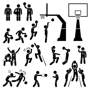 Basketball Player Action Poses Stick Figure Pictogram Icons