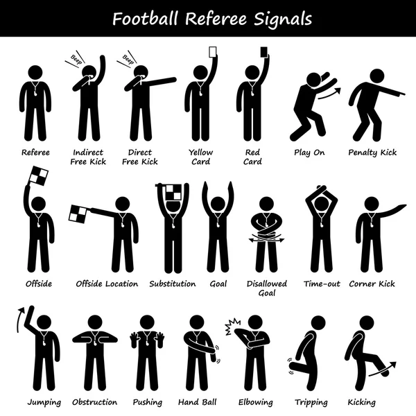 Football Soccer Referees Officials Hand Signals Stick Figure Pictogram Icons — ストックベクタ