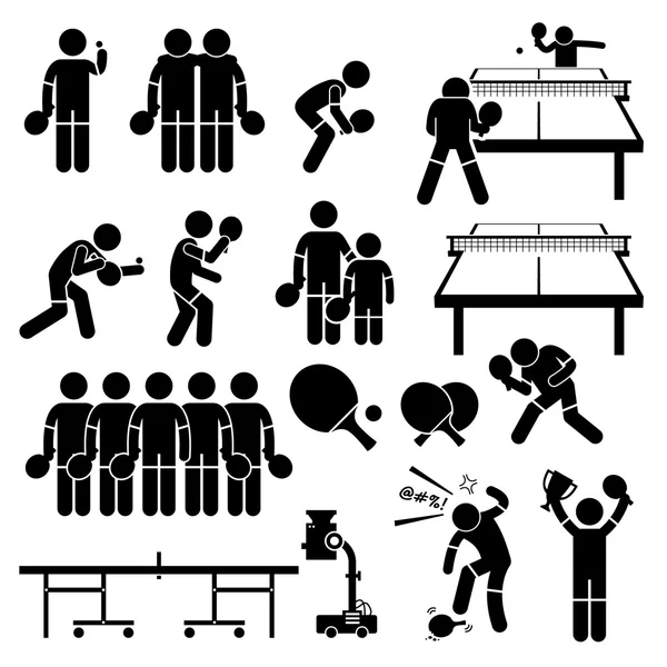 Jeu de Tennis de Table Actions Poses Stick Figurine Pictogramme Icônes — Image vectorielle