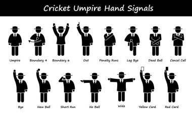 Cricket Umpire Referee Hand Signals Stick Figure Pictogram Icons clipart