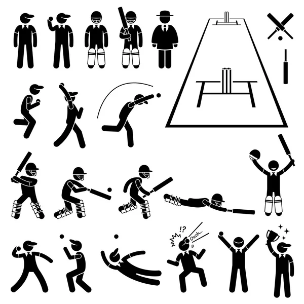 Acciones del jugador de críquet Poses Stick Figura Pictograma iconos — Vector de stock