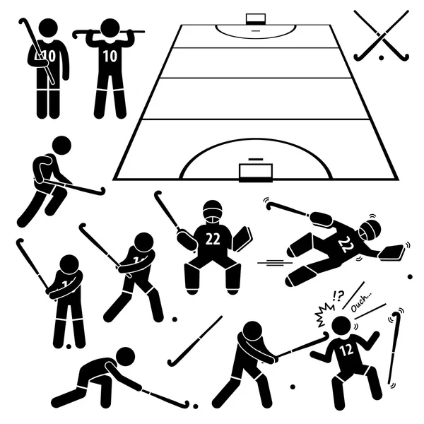 Hokej na trawie Player działania stanowi Stick Figure piktogram ikony — Wektor stockowy