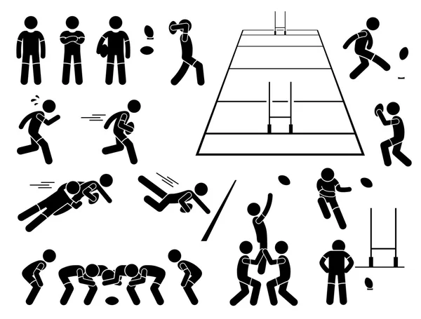 Acciones del jugador de rugby Poses Stick Figure Pictogram Iconos — Vector de stock