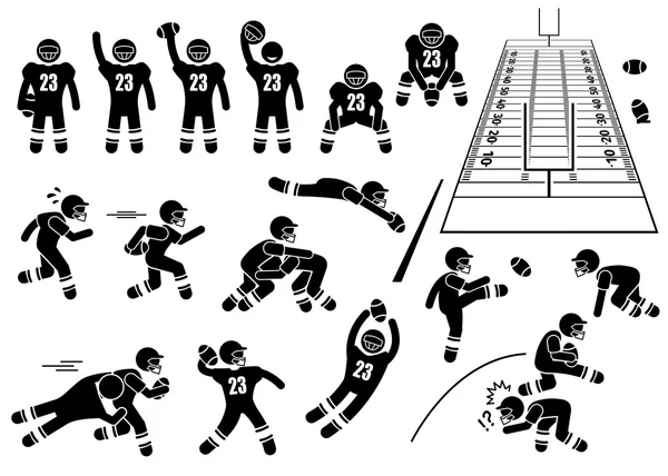 American Football Player Actions Poses Stick Figurine Pictogramme Icônes — Image vectorielle