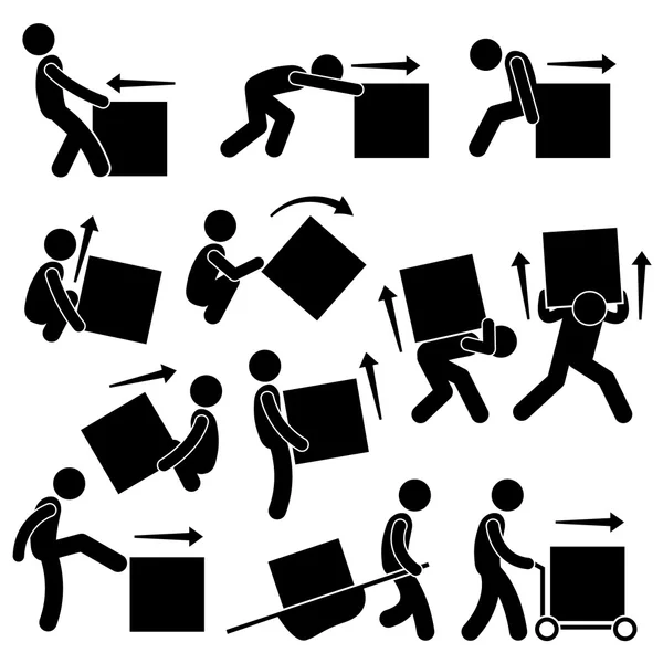 Hombre moviendo caja acciones posturas palo figura iconos pictograma — Vector de stock