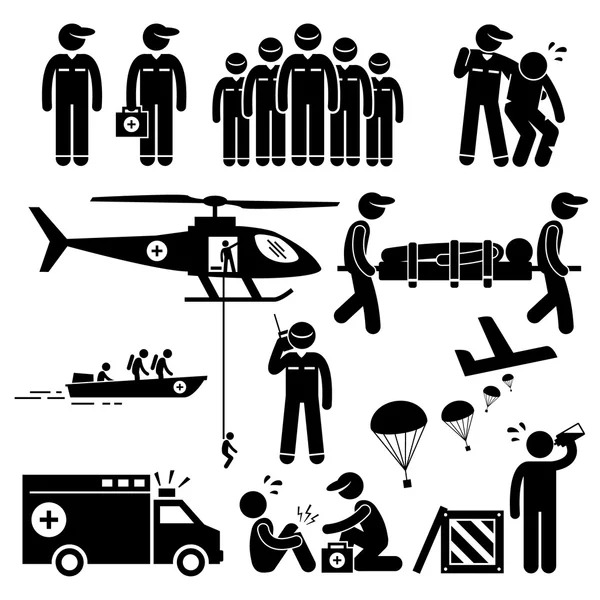 Équipe de secours d'urgence Stick Figure Pictogramme Icônes — Image vectorielle