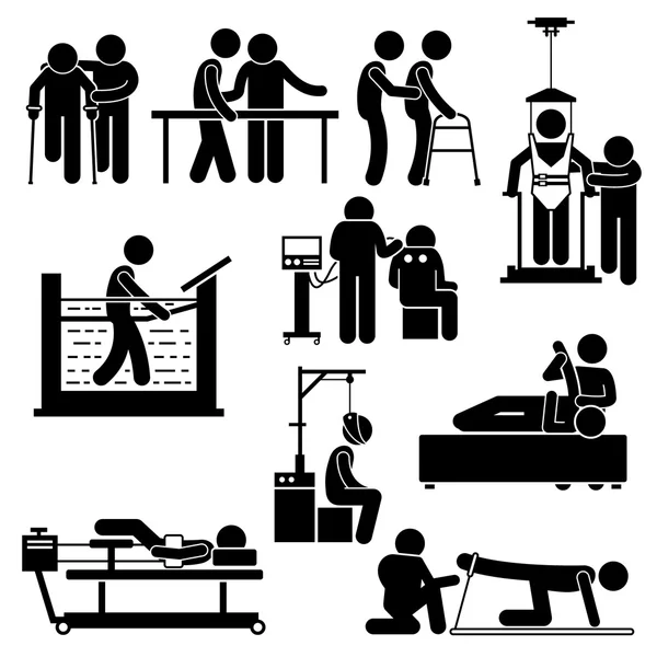 Physio Physiotherapy and Rehabilitation Treatment Stick Figure Pictogram Icons — Stock vektor