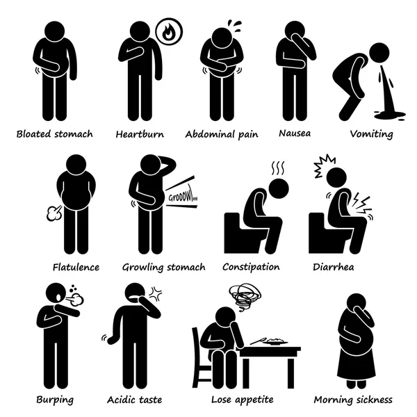 Indigestion Symptoms Problem Stick Figure Pictogram Icons — Stock Vector