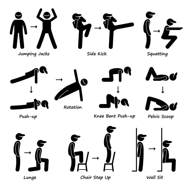 Exercice d'entraînement corporel Entraînement physique (ensemble 1) Pictogramme de figure de bâton Icônes — Image vectorielle
