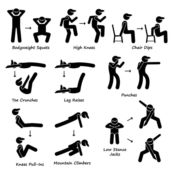 Entrenamiento Corporal Ejercicio Fitness Training (Set 2) Iconos de Pictograma de Figura de Palillo — Archivo Imágenes Vectoriales