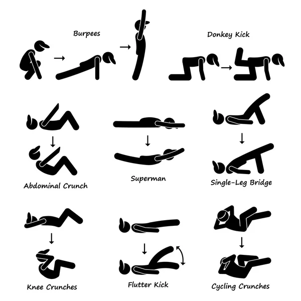 Body Workout Exercise Fitness Training (Set 3) Stick Figure Pictogram Icons — Stockový vektor