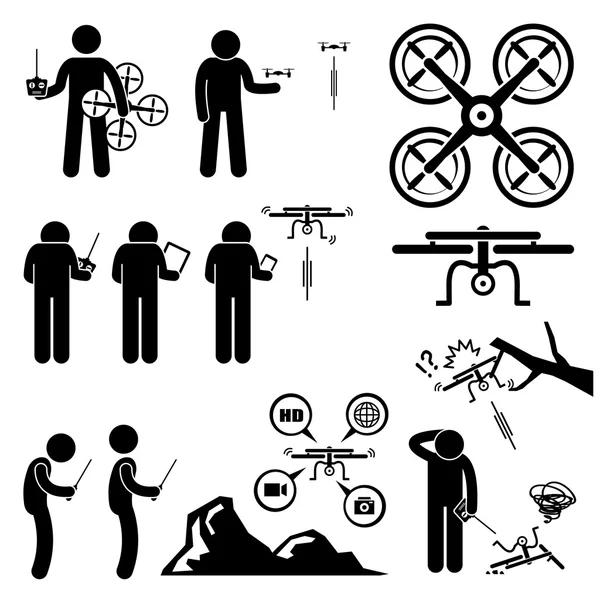 Hombre Controlando Flying Drone Quadcopter Stick Figura Pictograma iconos — Vector de stock