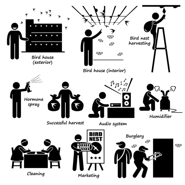 Iconos de pictograma de figura de palo de nido de ave de agricultura Swiftlet — Vector de stock