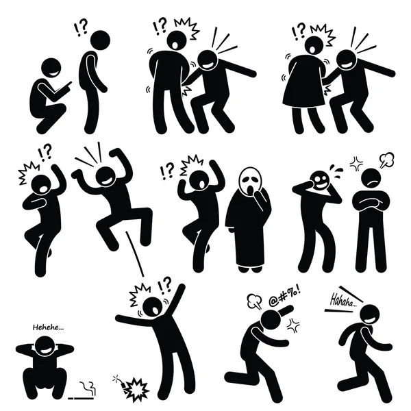 Funny People Prank Playful Actions Stick Figure Pictogram Icons — Stock Vector