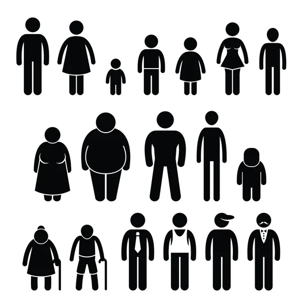 Personnages Homme Femme Enfants Age Taille Bâton Figure Pictogramme Icônes — Image vectorielle