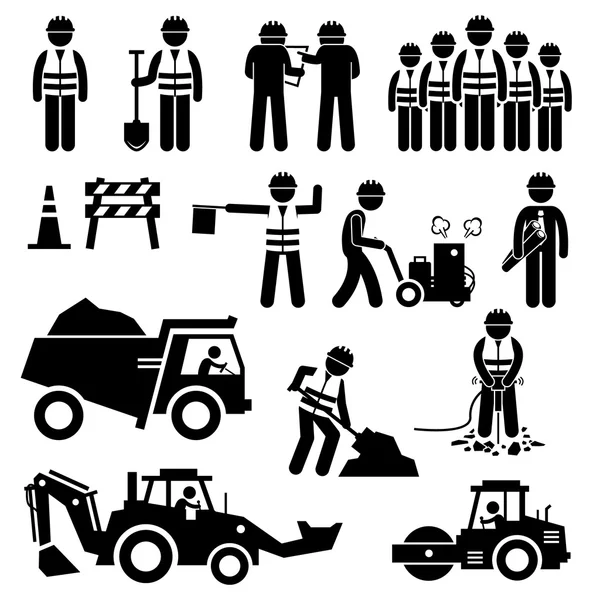 Road Construction Worker Stick Figure Pictogram Icons — Stock Vector