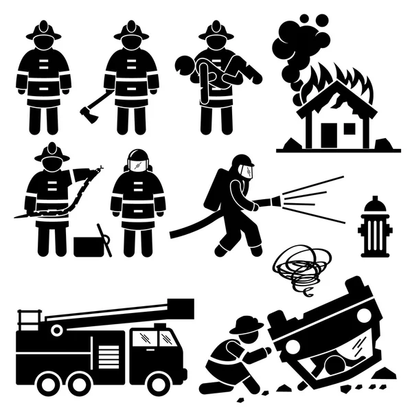 Firefighter Fireman Rescue Stick Figure Pictogram Icons — Stock Vector