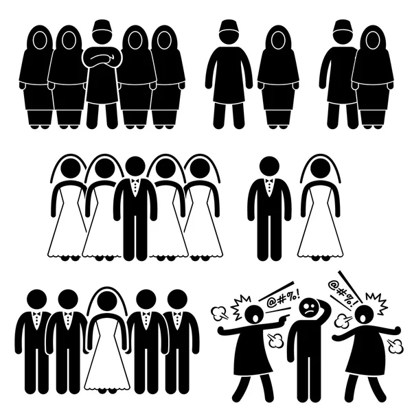 Polygamie Mariage Épouse multiple Mari Bâton Figure Pictogramme Icônes — Image vectorielle