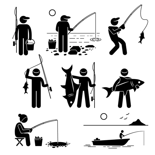 Homme pêche petits et grands poissons à la rivière, lac, glace et mer avec petit bateau pour les loisirs . — Image vectorielle