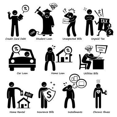 Personal Liabilities - Debt, Loan, Bills, Taxes, Rental, Installments, and Medical Payment of Stick Figure Pictogram Icons