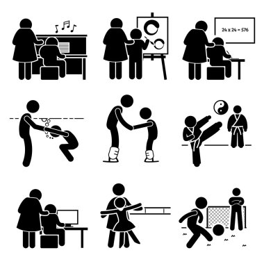 Öğrencinin öğrenme müzik, sanat, akademik, yüzme, dövüş sanatları, futbol, bilgisayar, dans ve akıl hocası piktogram buz pateni ders buz