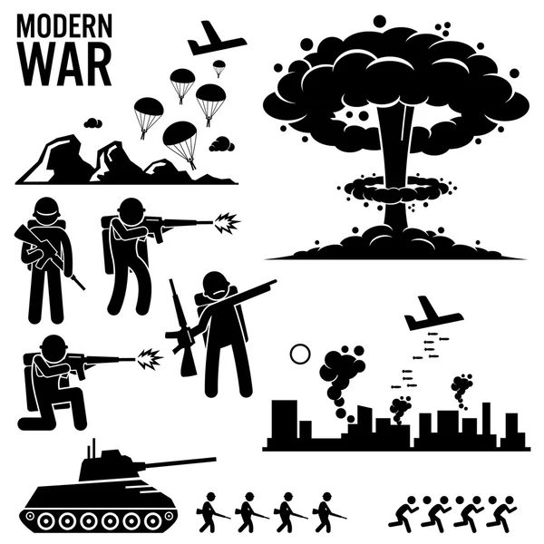 Guerre Guerre moderne Bombe nucléaire Soldat Tank Attack Stick Figure Pictogramme Icônes — Image vectorielle