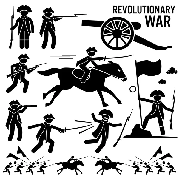 Revolutionary War Soldier Horse Gun Sword Fight Independence Day Patriotic Stick Figure Pictogram Icons — Stock Vector