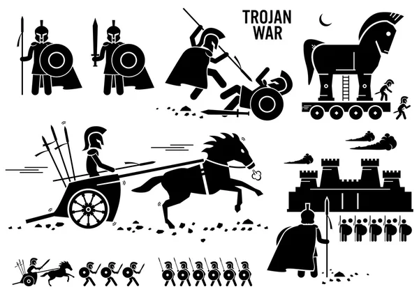 Troya Guerra Caballo Griego Roma Guerrero Troy Sparta Spartan Stick Figura Pictograma Iconos — Vector de stock