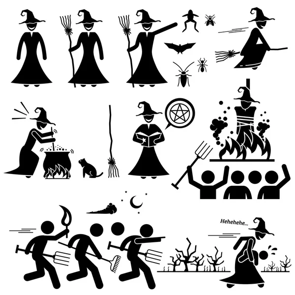 Evil Witch Hunt Witchcraft Black Magic Stick Figure Pictogram Icons — Stock Vector