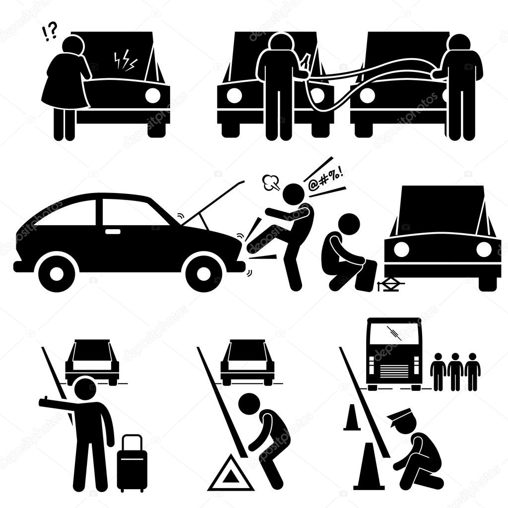 Fixing a Car Breakdown Broke Down Repair at Roadside Stick Figure Pictogram Icons