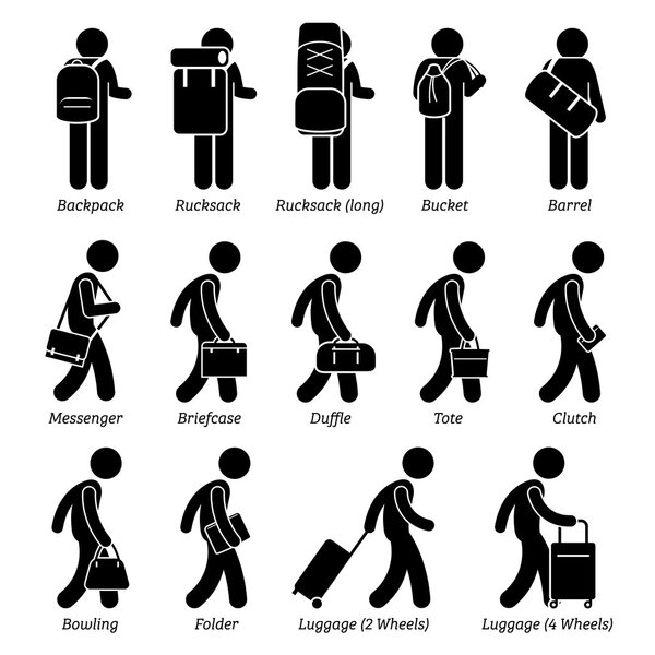 Type of Man Male Bags and Luggage Stick Figure Pictogram Icons