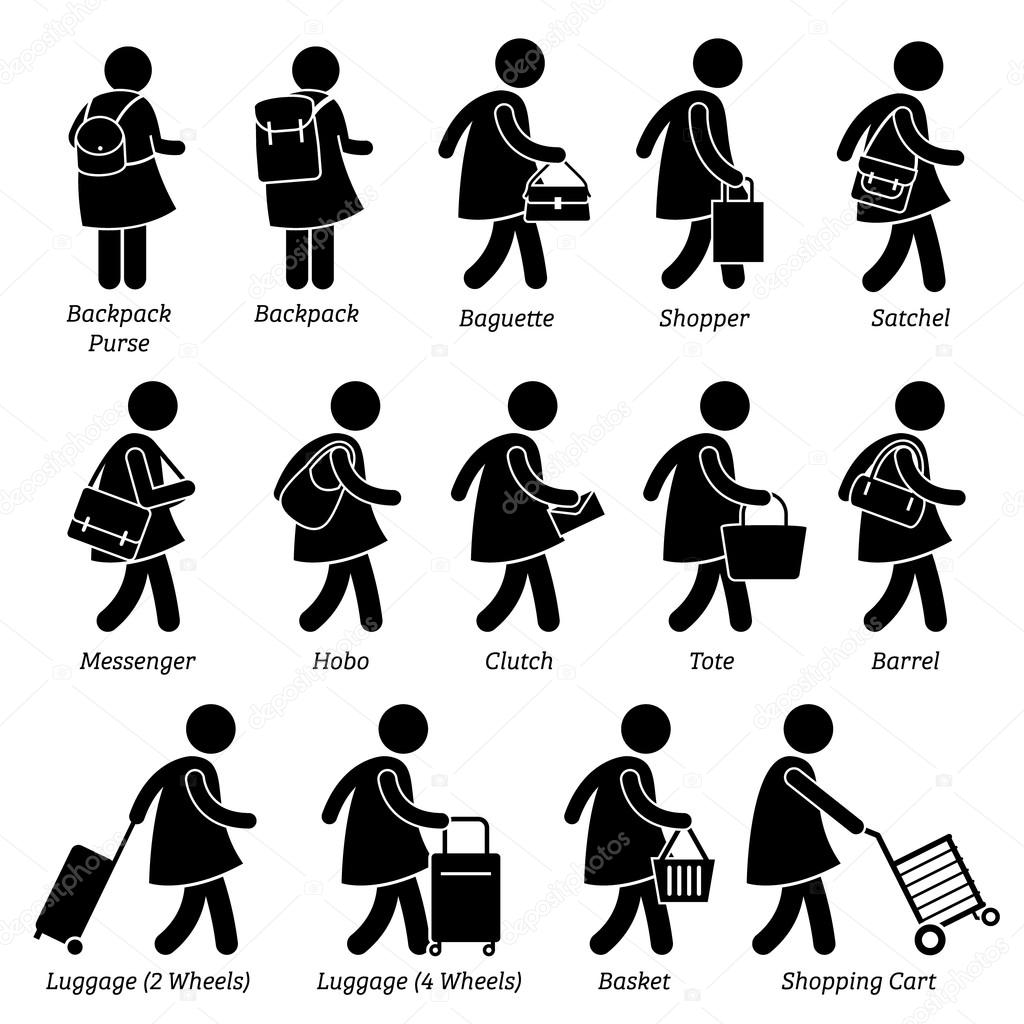 Type of Woman Female Bags Purse Wallet and Luggage Stick Figure Pictogram Icons