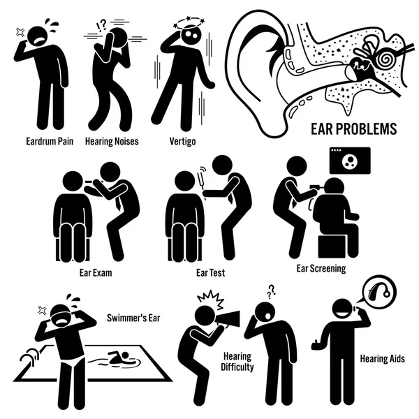 Diagnóstico de Oído Iconos de Pictograma de Figura de Palillo de Examen — Vector de stock