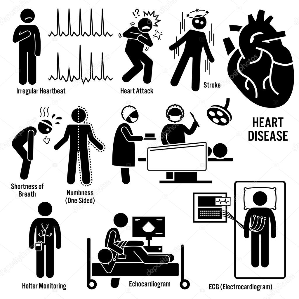 Cardiovascular Disease Heart Attack Coronary Artery Illness Symptoms Causes Risk Factors Diagnosis Stick Figure Pictogram Icons