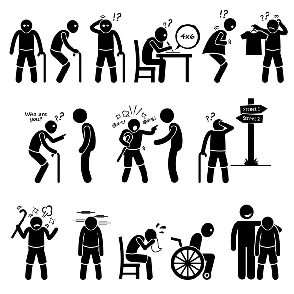 Alzheimer en dementie ouderen oude Man stok figuur Pictogram pictogrammen — Stockvector