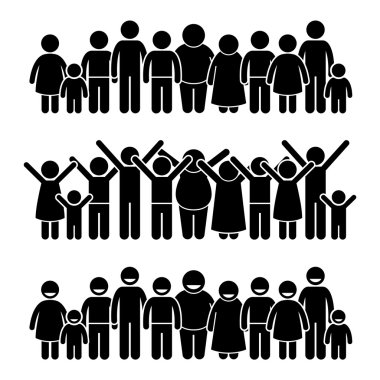 Mutlu çocuk grup gülümseyen ve el sopa rakam sembol simgeler yükselterek ayakta