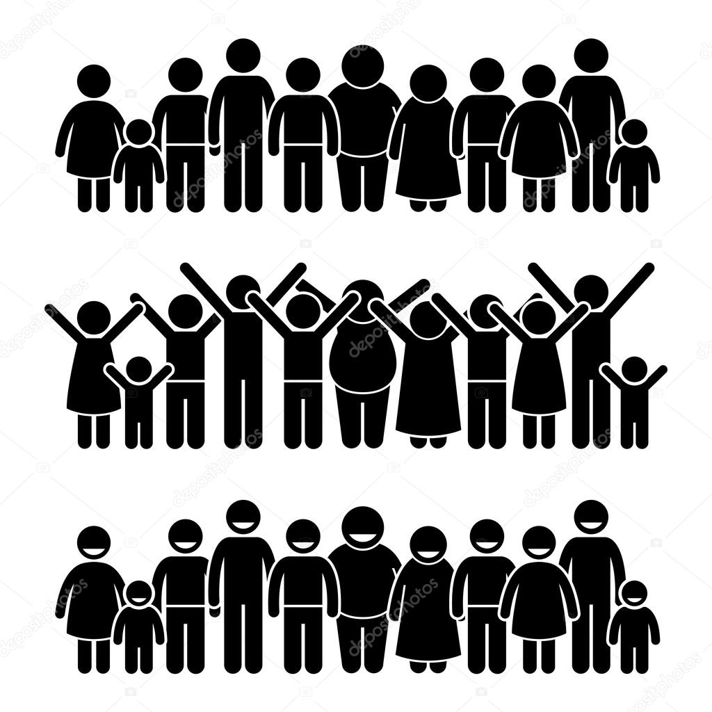 Group of Happy Children Standing Smiling and Raising Hands Stick Figure Pictogram Icons