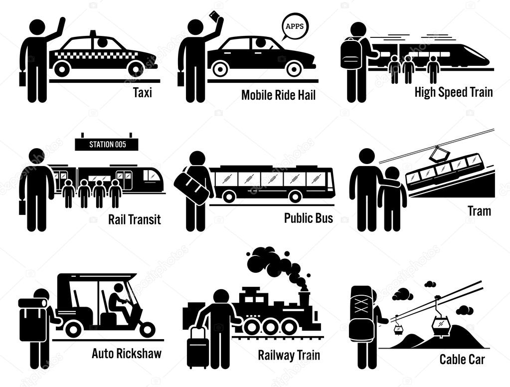 Land Public Transportation Vehicles and People Set