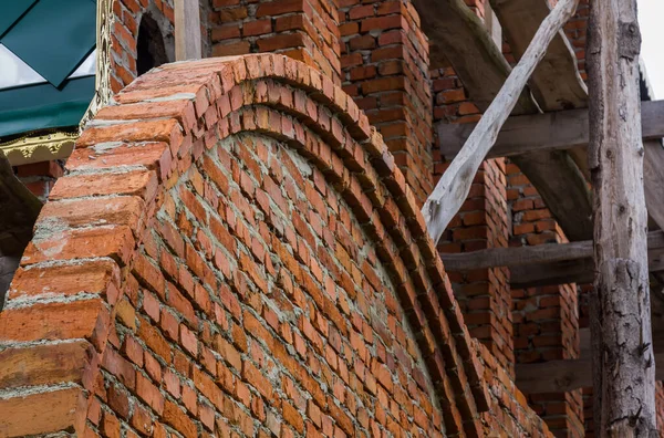 Construction Bell Tower Church Brick Wall Wooden Scaffolding — Stockfoto