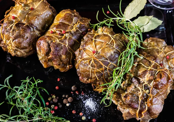 Meat Dish Baked Oven Decorated Spices Rosemary Dark Background — Stock Photo, Image