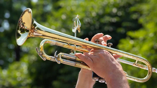 Tocar Instrumento Bronze Banda Militar Apresenta Festival — Fotografia de Stock