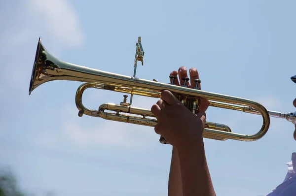 Tocar Instrumento Bronze Banda Militar Apresenta Festival — Fotografia de Stock