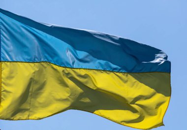 Gökyüzü arka planında Ukrayna bayrağı ve arması