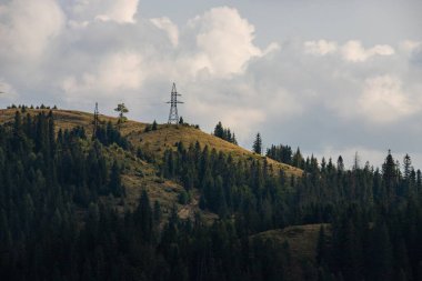 Ukrayna Karpatları 'nın dağ yamaçlarında. Dağın tepeleri ve ormanlar mavi gökyüzünün arka planında.