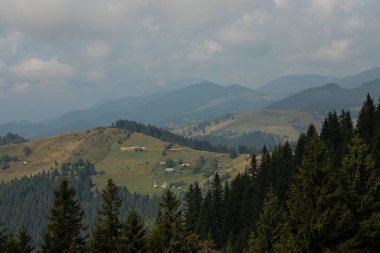 Ukrayna Karpatları 'nın dağ yamaçlarında. Dağın tepeleri ve ormanlar mavi gökyüzünün arka planında.