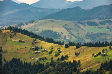 Ukrayna Karpatları 'nın dağ yamaçlarında. Dağın tepeleri ve ormanlar mavi gökyüzünün arka planında.